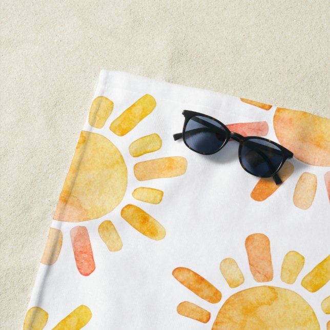 Yellow Gold Watercolor Sun And Rays Pattern Beach Towel (In Situ)