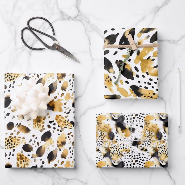 Yellow Gold White Black Leopard  Wrapping Paper Sheets (Front)