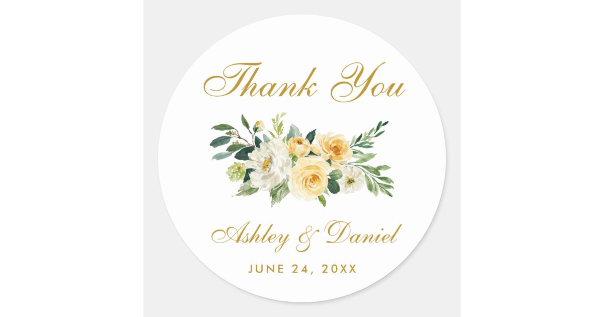 Yellow Gold White Floral Wedding Thank You Classic Round Sticker | Zazzle