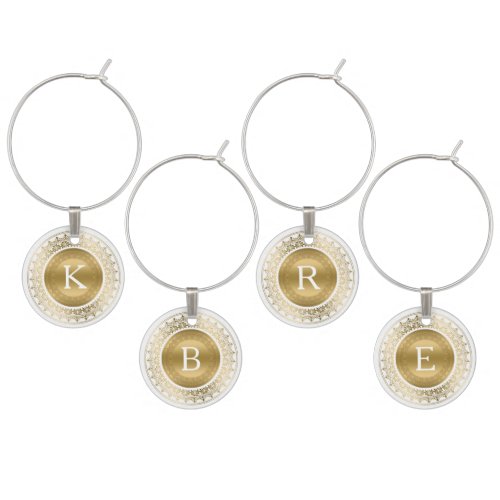 Yellow Gold  White Lace Frame Monogram Wine Glass Charm