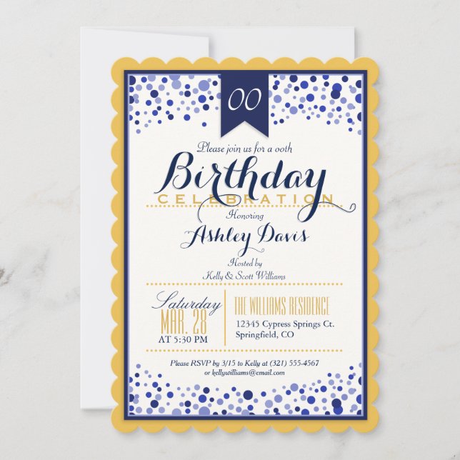 Yellow Gold, White, Navy Blue Birthday Party Invitation (Front)
