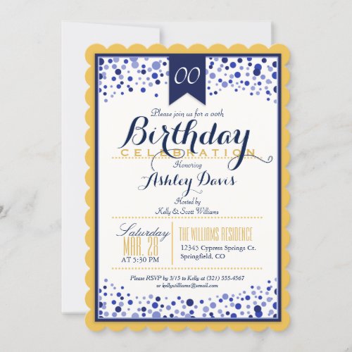 Yellow Gold White Navy Blue Birthday Party Invitation