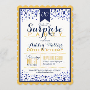 Yellow Gold, White, Navy Blue Surprise Party Invitation