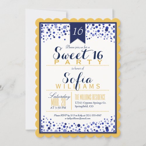 Yellow Gold White Navy Blue Sweet 16 Party Invitation