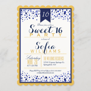 Yellow Gold, White, Navy Blue Sweet 16 Party Invitation