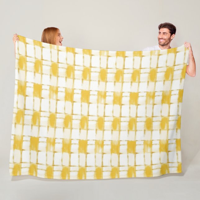 Yellow Gold White Plaid Stripes Birthday Fleece Blanket (In Situ)
