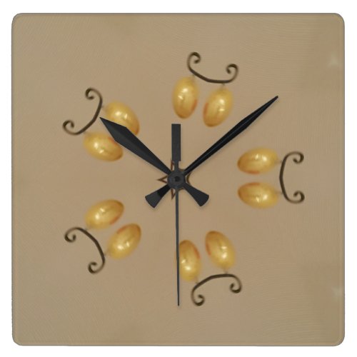 Yellow Golden Egg Pattern Easter Eggs Rustic Beige Square Wall Clock