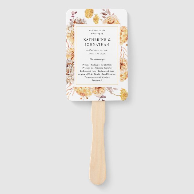 Yellow Golden Floral Wedding Program Hand Fan (Front)
