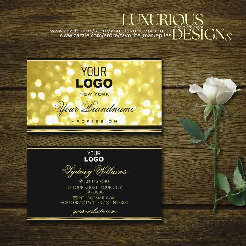 Yellow Golden Glitter Black Gold Border and Logo Business Card