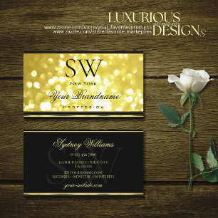 Yellow Golden Glitter Black Gold Border Monogram Business Card