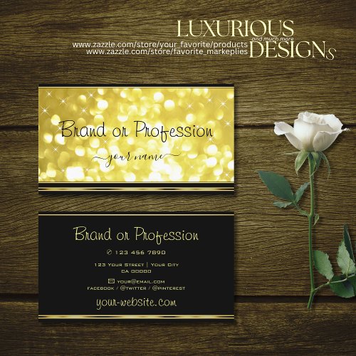 Yellow Golden Glitter Stars Black and Gold Border Business Card