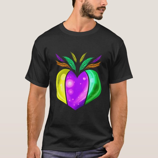 Yellow Golden Purple And Green Heart For Mardi Gra T-Shirt (Front)