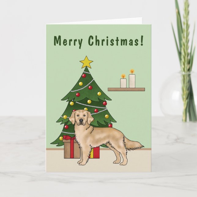 Yellow Golden Retriever And Festive Christmas Tree Card (Front)