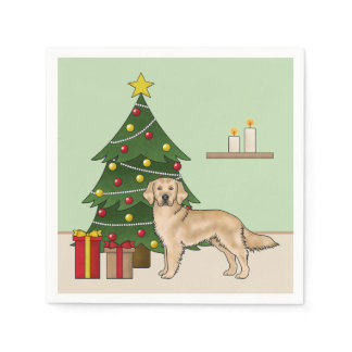 Yellow Golden Retriever And Festive Christmas Tree Napkins