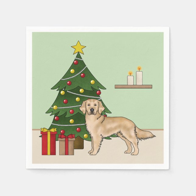 Yellow Golden Retriever And Festive Christmas Tree Napkins (Front)