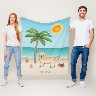 Yellow Golden Retriever At A Tropical Summer Beach Fleece Blanket