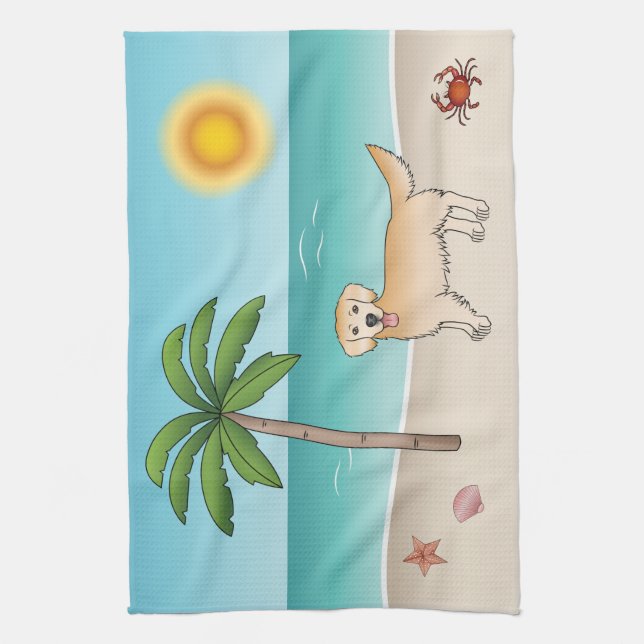 Yellow Golden Retriever At A Tropical Summer Beach Kitchen Towel (Vertical)