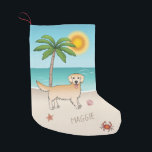 Yellow Golden Retriever At A Tropical Summer Beach Small Christmas Stocking<br><div class="desc">Destei's original cartoon illustration of a cute yellow coat color Golden Retriever breed dog standing in a tropical summer beach scene. On the beige color sand there is a palm tree, a pink seashell together with a starfish and a red crab. The water is turquoise blue with some waves and...</div>