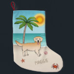 Yellow Golden Retriever At A Tropical Summer Beach Small Christmas Stocking<br><div class="desc">Destei's original cartoon illustration of a cute yellow coat color Golden Retriever breed dog standing in a tropical summer beach scene. On the beige color sand there is a palm tree, a pink seashell together with a starfish and a red crab. The water is turquoise blue with some waves and...</div>
