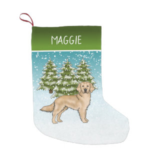 Yellow Golden Retriever Blue Christmas Custom Name Small Christmas Stocking