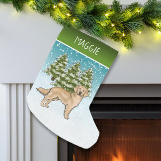 Yellow Golden Retriever Blue Christmas Custom Name Small Christmas Stocking