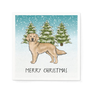 Yellow Golden Retriever Blue Winter Christmas Napkins