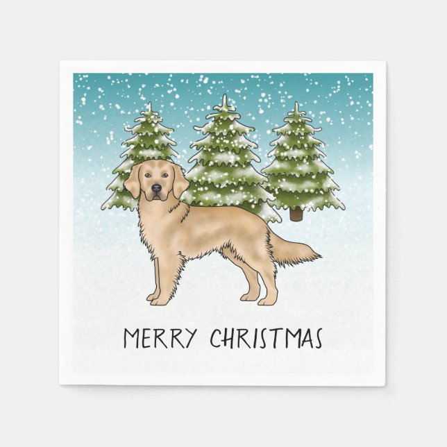Yellow Golden Retriever Blue Winter Christmas Napkins (Front)