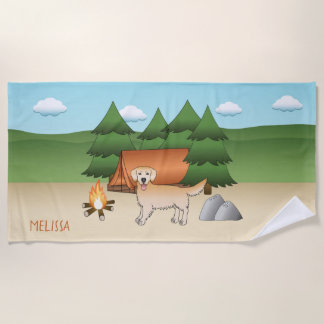 Yellow Golden Retriever Camping In A Forest Beach Towel