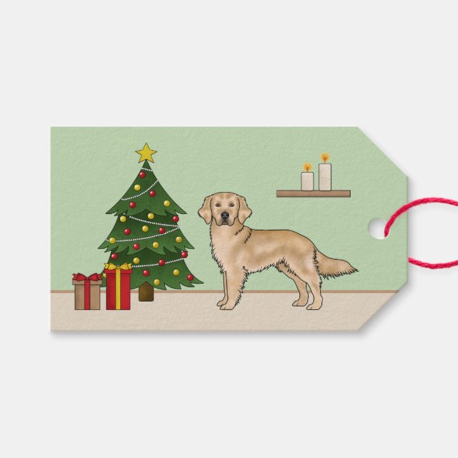 Yellow Golden Retriever Cartoon Dog Christmas Tree Gift Tags (Front (Horizontal))