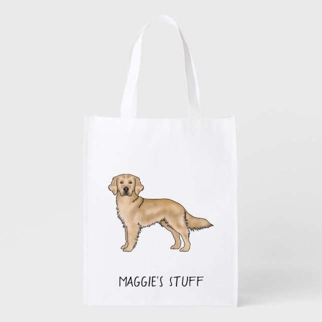 Yellow Golden Retriever Cartoon Dog Custom Text Grocery Bag (Front)