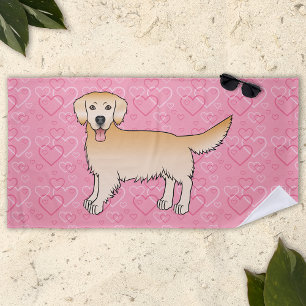 Yellow Golden Retriever Cartoon Dog On Pink Hearts Beach Towel