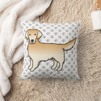 Yellow Golden Retriever Cartoon Dog &amp; Paws Throw Pillow