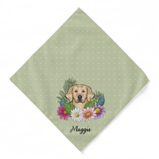 Yellow Golden Retriever Colorful Flowers And Name Bandana