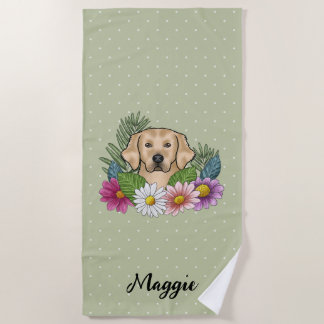 Yellow Golden Retriever Colorful Flowers And Name Beach Towel