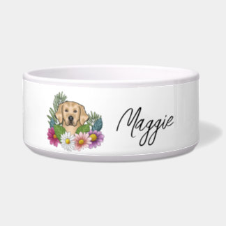 Yellow Golden Retriever Colorful Flowers And Name Bowl