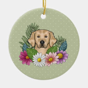 Yellow Golden Retriever Colorful Flowers And Name Ceramic Ornament