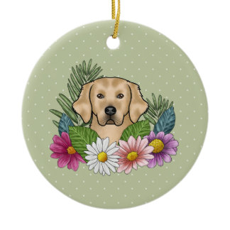 Yellow Golden Retriever Colorful Flowers And Name Ceramic Ornament