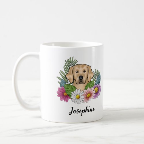 Yellow Golden Retriever Colorful Flowers And Name Coffee Mug