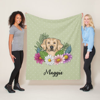 Yellow Golden Retriever Colorful Flowers And Name Fleece Blanket