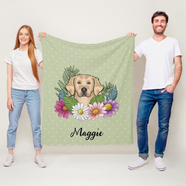 Yellow Golden Retriever Colorful Flowers And Name Fleece Blanket (In Situ)