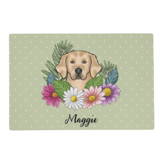 Yellow Golden Retriever Colorful Flowers And Name Placemat