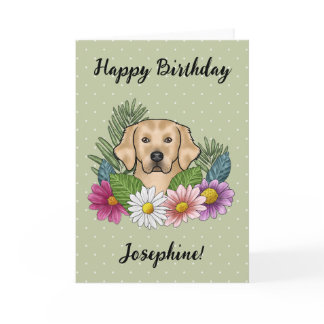 Yellow Golden Retriever Colorful Flowers Birthday Card