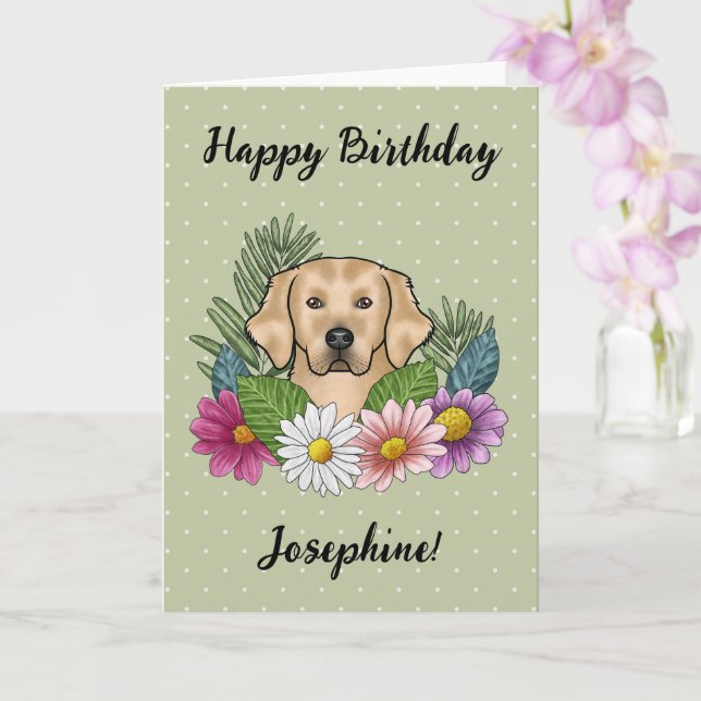Yellow Golden Retriever Colorful Flowers Birthday Card (Orchid)