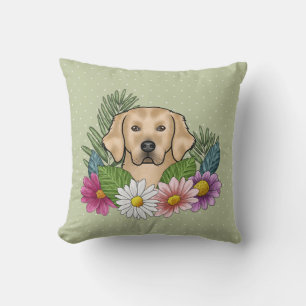 Yellow Golden Retriever Colorful Flowers Green Throw Pillow