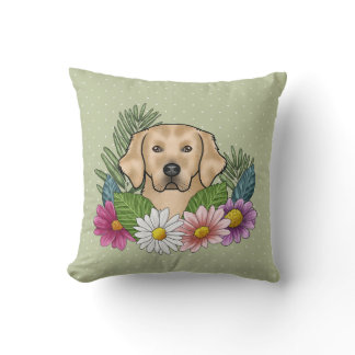 Yellow Golden Retriever Colorful Flowers Green Throw Pillow