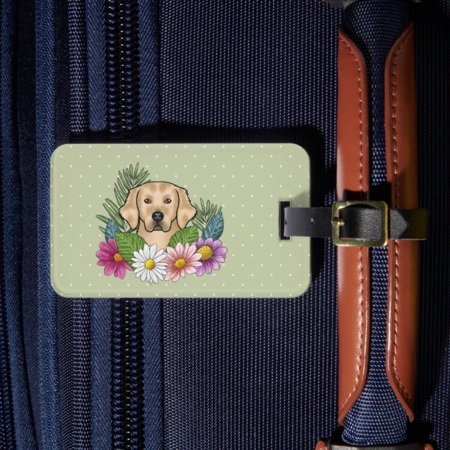 Yellow Golden Retriever Colorful Flowers Luggage Tag (Front Insitu 4)