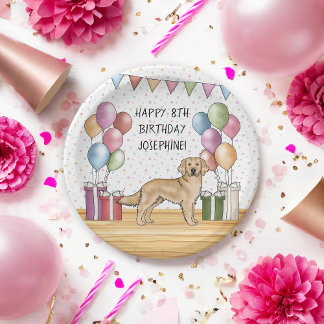 Yellow Golden Retriever Colorful Pastel Birthday Paper Plates