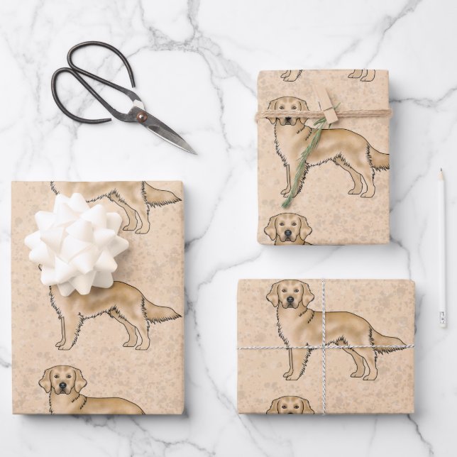 Yellow Golden Retriever Cute Cartoon Dog Pattern Wrapping Paper Sheets (Front)