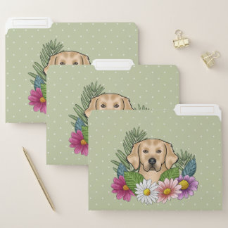 Yellow Golden Retriever Cute Dog Colorful Flowers File Folder