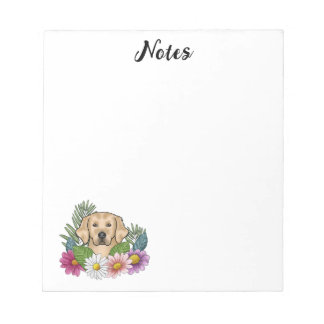 Yellow Golden Retriever Cute Dog Colorful Flowers Notepad